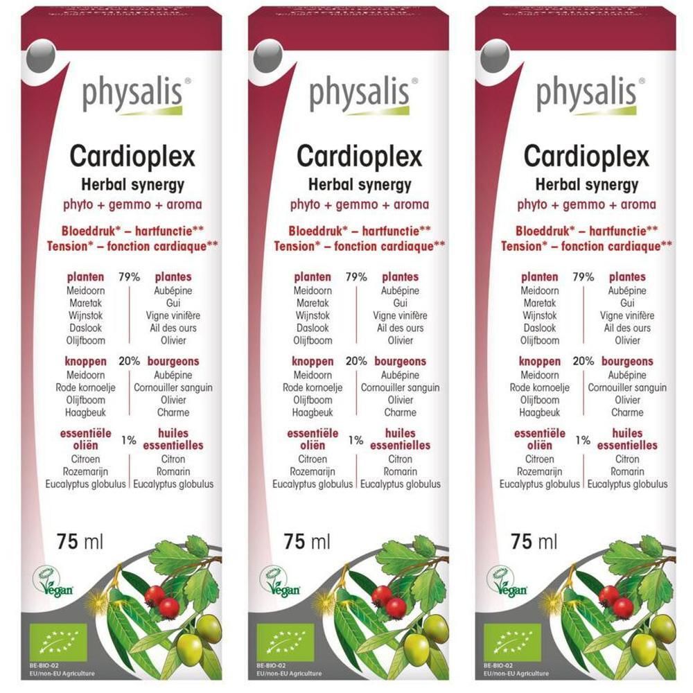 Plusieurs flacons de Physalis Cardioplex. Inscription: Herbal synergy, 75 ml. Avec label bio. Contient plantes, bourgeons et huiles essentielles.
