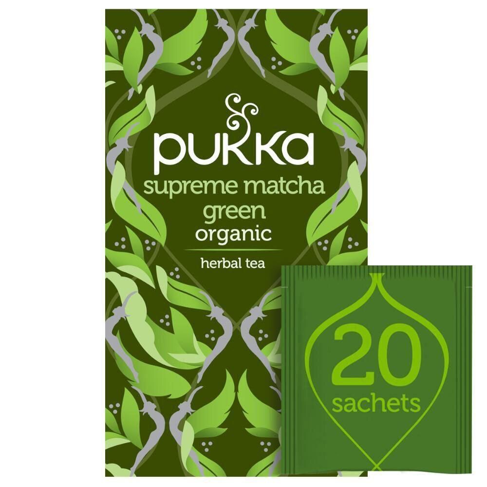 Groene verpakking met logo en tekst. Bevat 20 zakjes. Opschrift: Supreme Matcha Green, Herbal Tea.