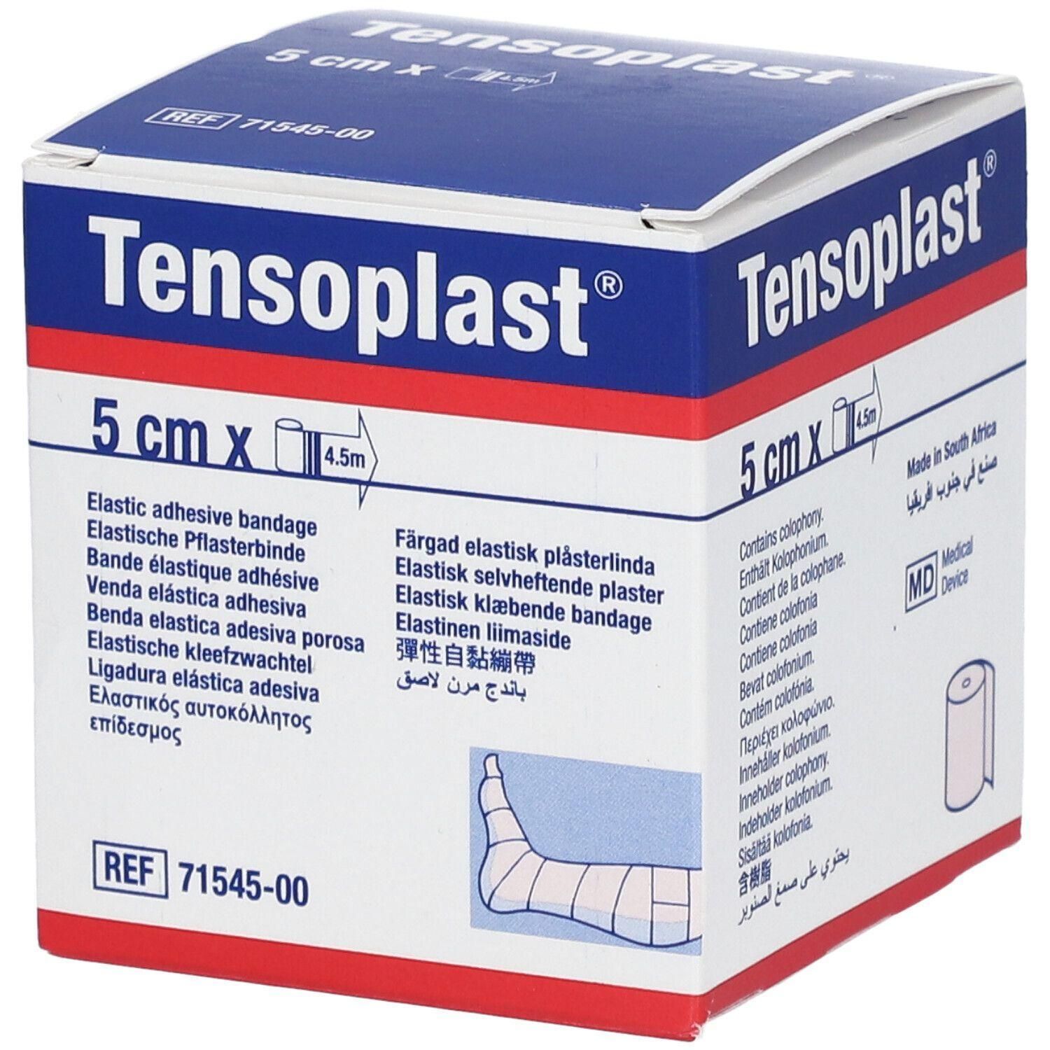 Boîte de Tensoplast, 5 cm x 4,5 m. Inscription: Bande adhésive élastique. Informations produit et dimensions sur l'emballage.