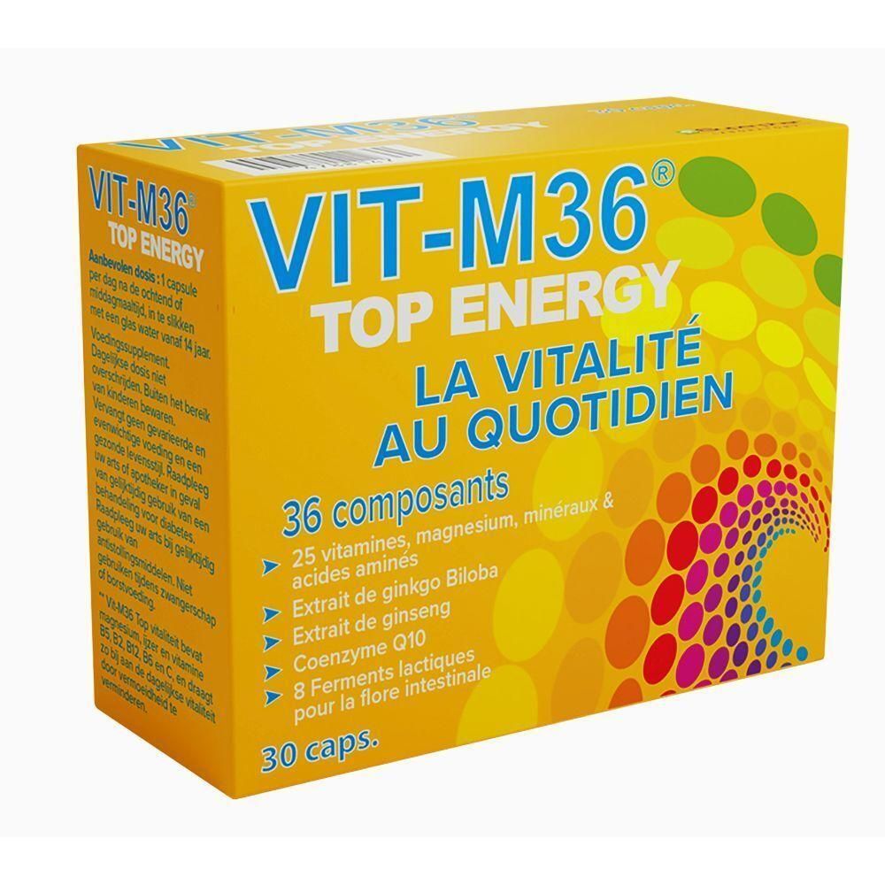 Boîte jaune VIT-M36 TOP ENERGY. Contient 36 composants, dont vitamines, minéraux et acides aminés. Texte: La vitalité au quotidien.