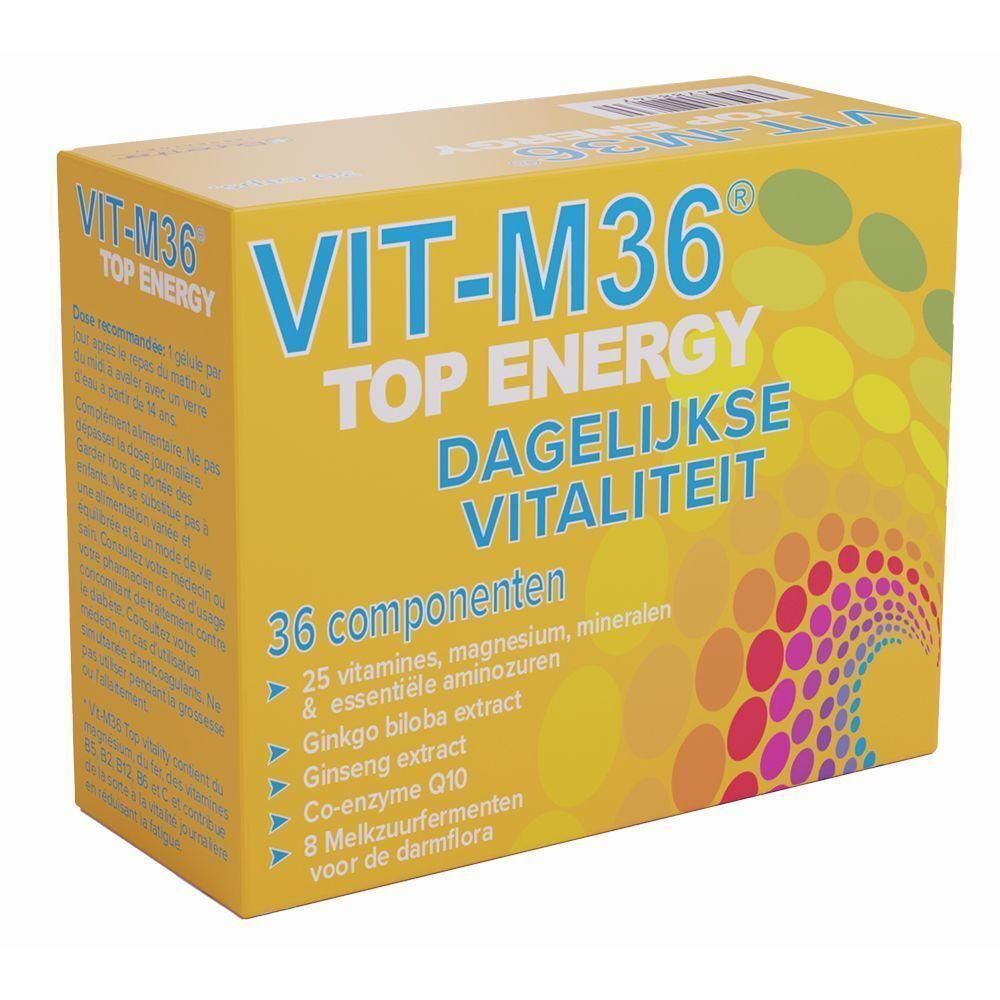 Gele doos VIT-M36 TOP ENERGY. Bevat 36 componenten, waaronder vitaminen, mineralen en aminozuren. Tekst: Dagelijkse vitaliteit.