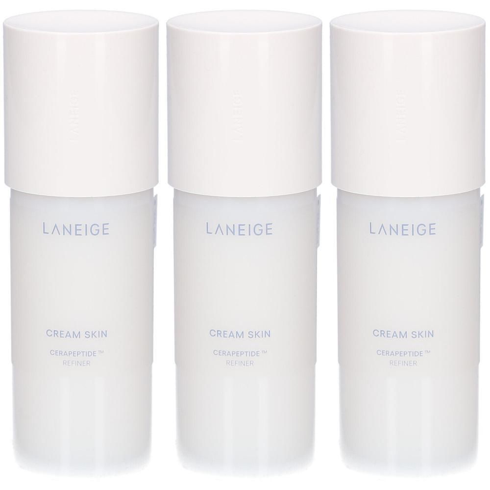 Trois flacons blancs avec bouchons. Chaque flacon porte les inscriptions LANEIGE, CREAM SKIN, Cerapeptide™ Refiner.
