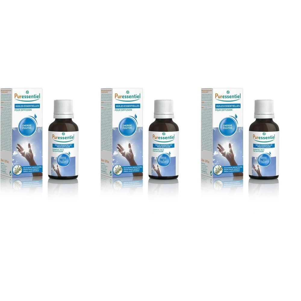 Trois flacons et boîtes. Sur les boîtes, "Puressentiel". Flacons en verre brun, bouchon blanc. Visuel : main et cercle bleu.