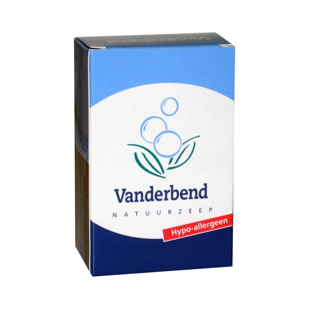 Kartonnen doos met blauw deksel. Opschrift: Vanderbend Natuurzeep. Logo met bellen en bladeren. Sticker: Hypo-allergeen.