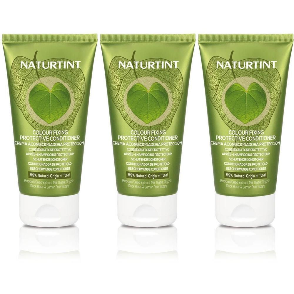 Trois tubes verts Naturtint Après-Shampoing Protecteur. Inscription: Colour Fixing Protective Conditioner.