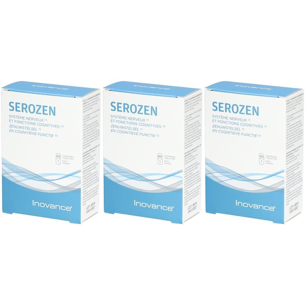 Drie dozen Inovance Serozen. Blauw-witte verpakking met productnaam en tekst in meerdere talen. Merk Inovance.