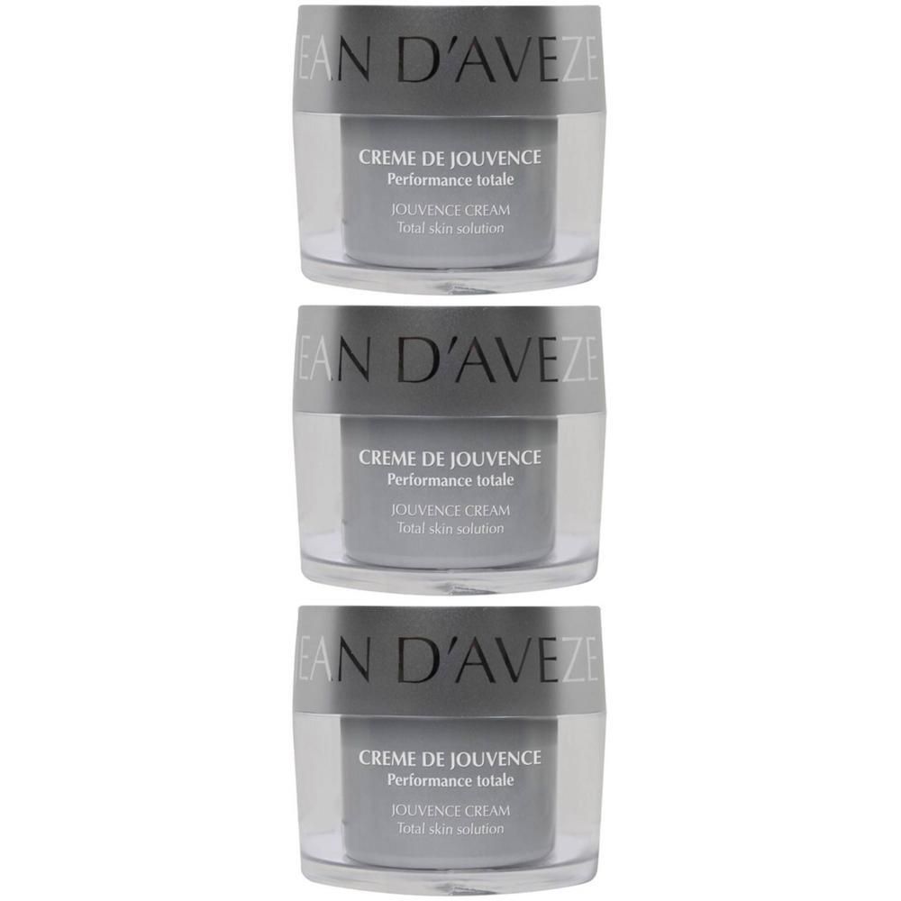 Drie crèmetiegels, transparant glas, grijze deksel. Opschrift: JEAN D'AVEZE, CREME DE JOUVENCE, Performance totale, JOUVENCE CREAM.