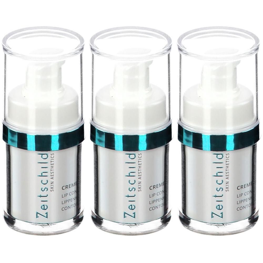 Drie flacons Zeitschild Skin Aesthetics Serum Contour de Lèvres. Witte pompflesjes met transparante doppen en turquoise ringen.