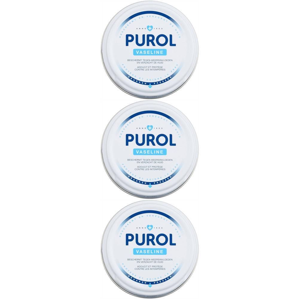 Trois boîtes rondes avec couvercle blanc. Sur le couvercle, "PUROL VASELINE" en bleu. Cercles décoratifs bleus.