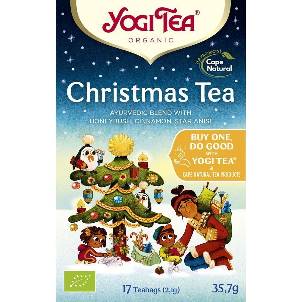 Boîte de Yogi Tea® Christmas Tea. Illustration de sapin de Noël, 17 sachets, 35,7g. Label bio.