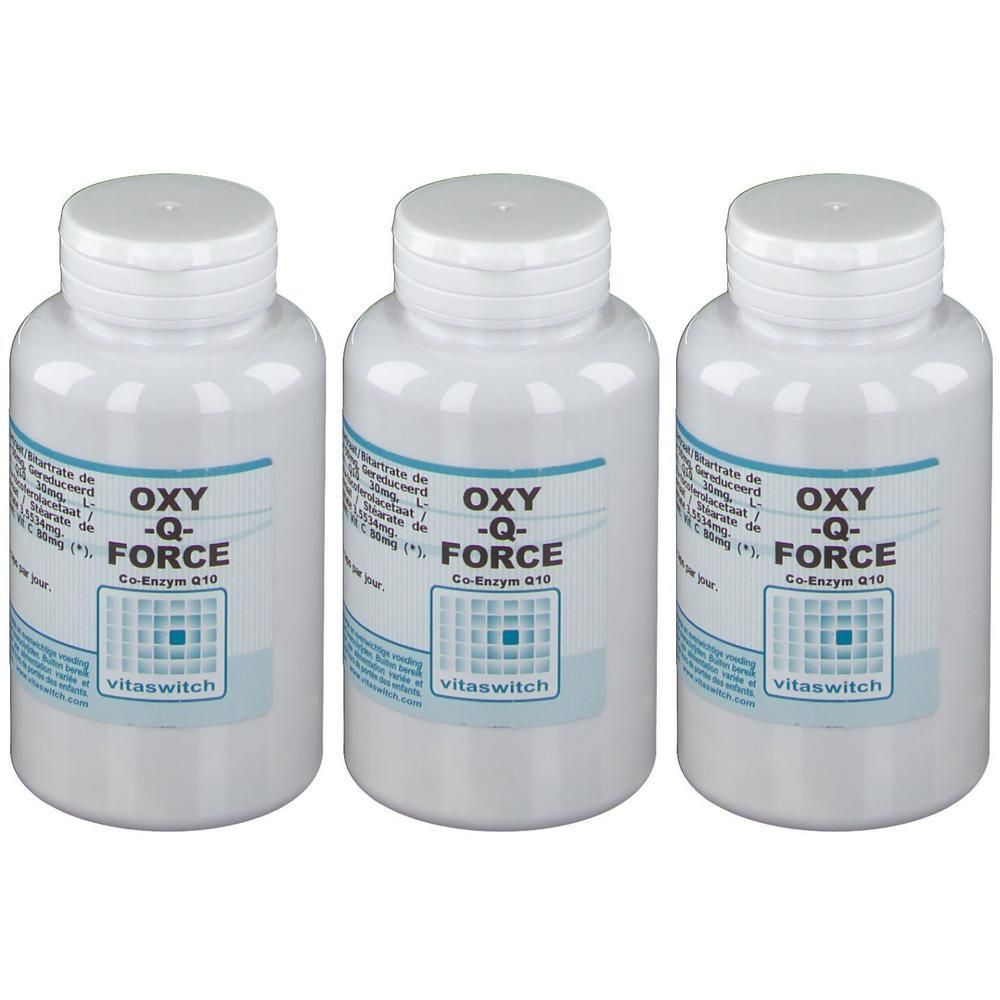 Trois flacons blancs avec bouchons à vis. Les étiquettes indiquent OXY-Q-FORCE, Co-Enzyme Q10 et vitaswitch.