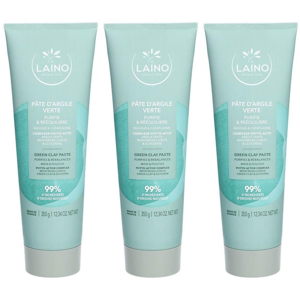 Drie tubes Laino Pâte Argile Verte. Lichtgroene tubes met witte tekst. Opschrift: Pâte d'Argile Verte, 99% ingrediënten van natuurlijke oorsprong.