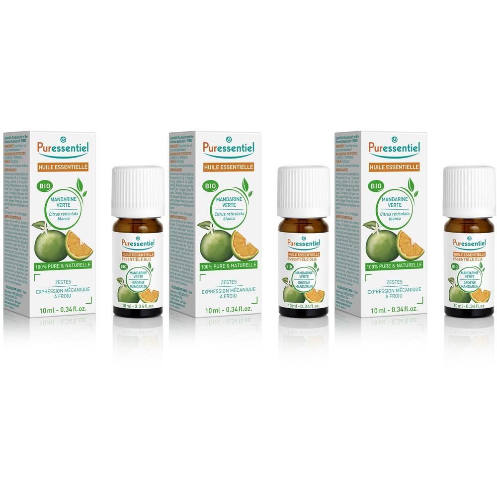 Trois flacons et emballages. Sur les emballages, "Huile essentielle de mandarine bio". Flacons à bouchon blanc, verre brun.
