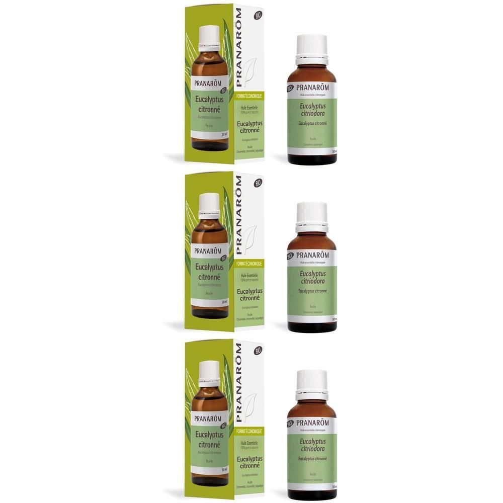 Drie flessen en verpakkingen. Opschrift: Eucalyptus citronné. Merk: Pranarôm. Groene en witte etiketten.