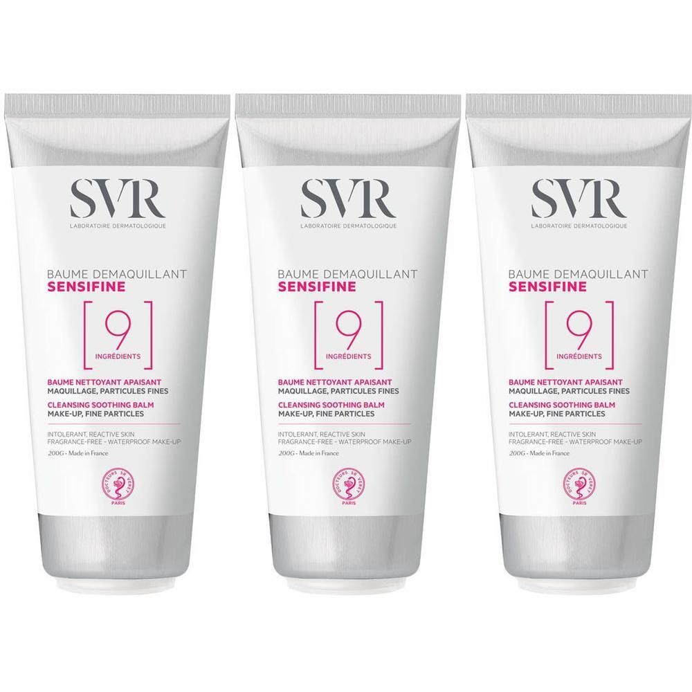 Trois tubes de SVR Sensifine Baume Démaquillant. Blanc, avec texte rose et gris. Nom du produit et ingrédients visibles.