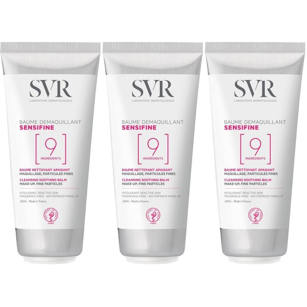 Drie tubes SVR Sensifine Baume Démaquillant. Wit, met roze en grijze tekst. Productnaam en ingrediënten duidelijk zichtbaar.