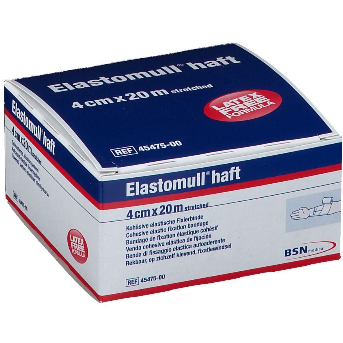 Elastomull haft doos. Blauw en witte verpakking. Productnaam en maat 4cm x 20m. Latex-vrije formule. Referentienummer 45475-00.