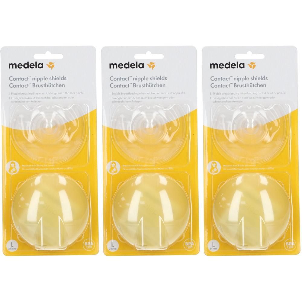 Drie verpakkingen Medela Contact tepelbeschermers. Elke verpakking bevat twee tepelbeschermers maat L. Gele plastic verpakking.