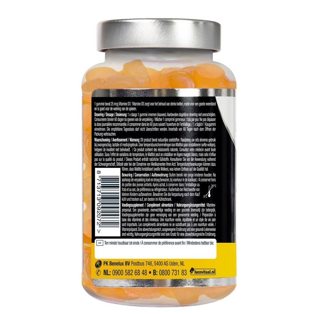 Vue arrière d'un flacon de Lucovitaal® Gommes Vitamine D3. Étiquette noire avec texte multilingue. Bonbons gélifiés jaunes visibles.