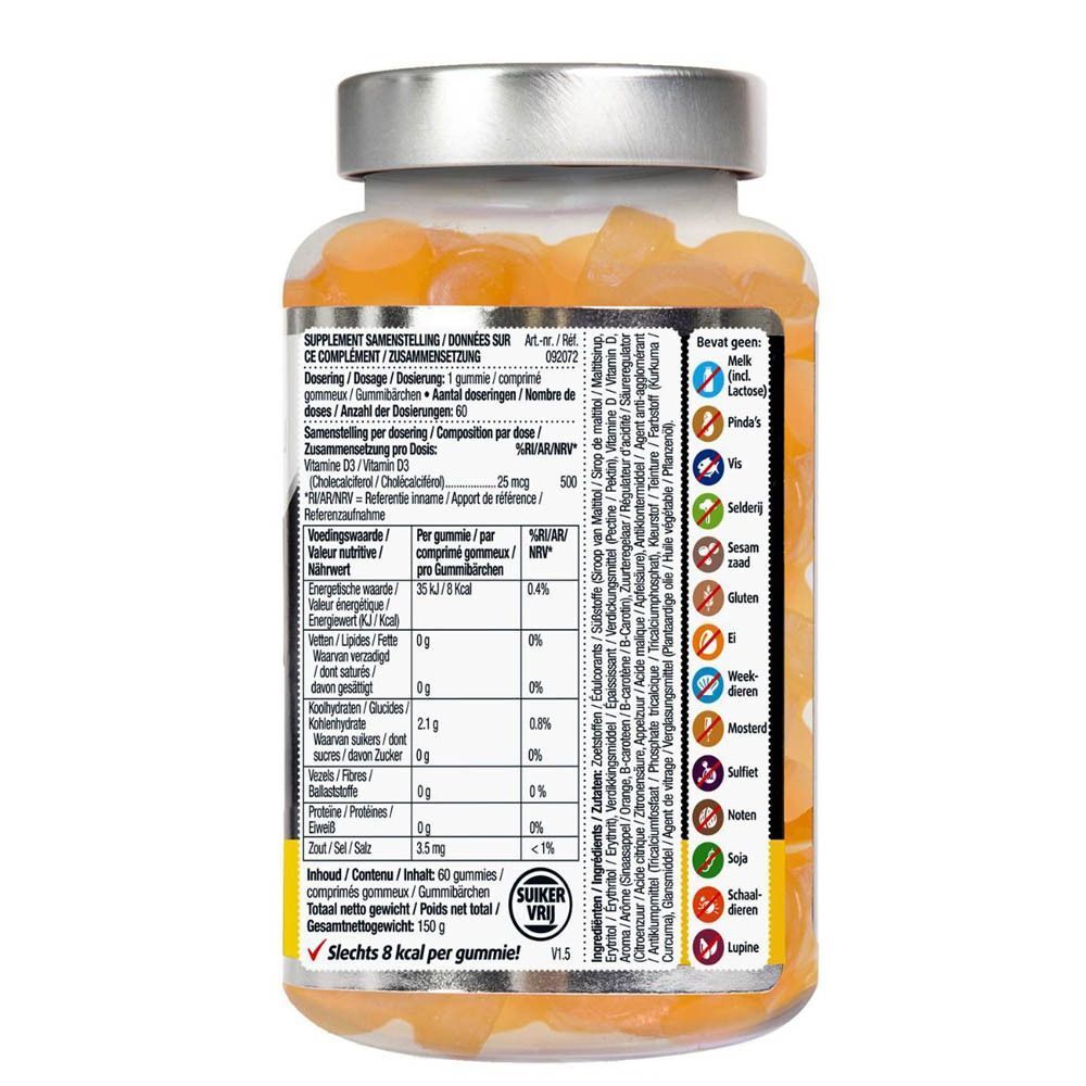 Vue arrière d'un flacon de Lucovitaal® Gommes Vitamine D3. Informations nutritionnelles et liste des ingrédients sur l'étiquette. Bonbons gélifiés jaunes visibles.