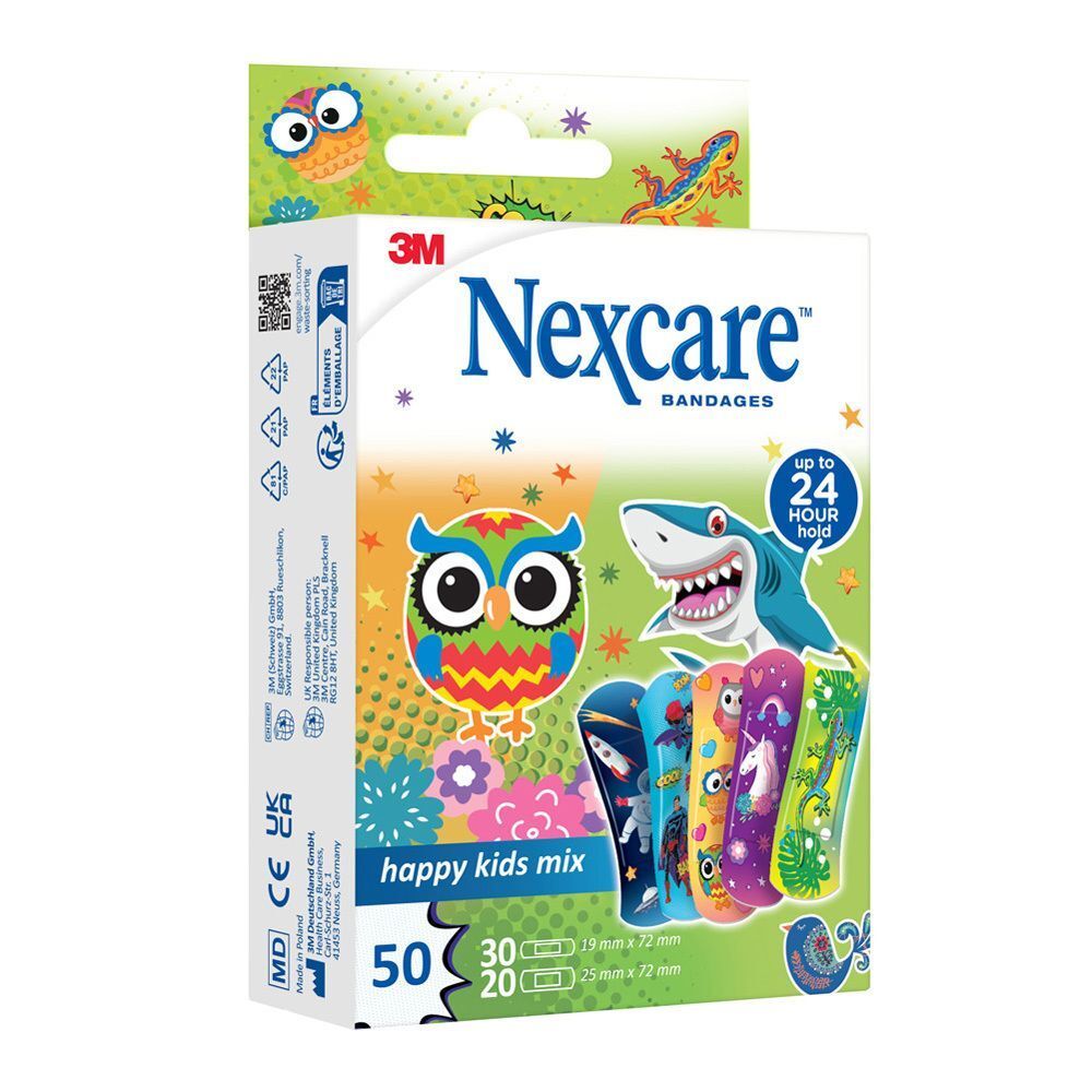 Nexcare Happy Kids Mix pleisterverpakking. Verpakking met uil, haai en kleurrijke patronen. Bevat 50, 30 en 20 pleisters. Merk Nexcare.