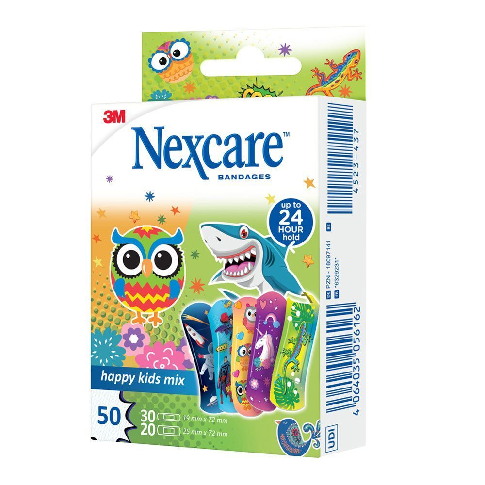 Nexcare Happy Kids Mix pleisterverpakking. Verpakking met uil, haai en kleurrijke patronen. Bevat 50, 30 en 20 pleisters. Merk Nexcare.