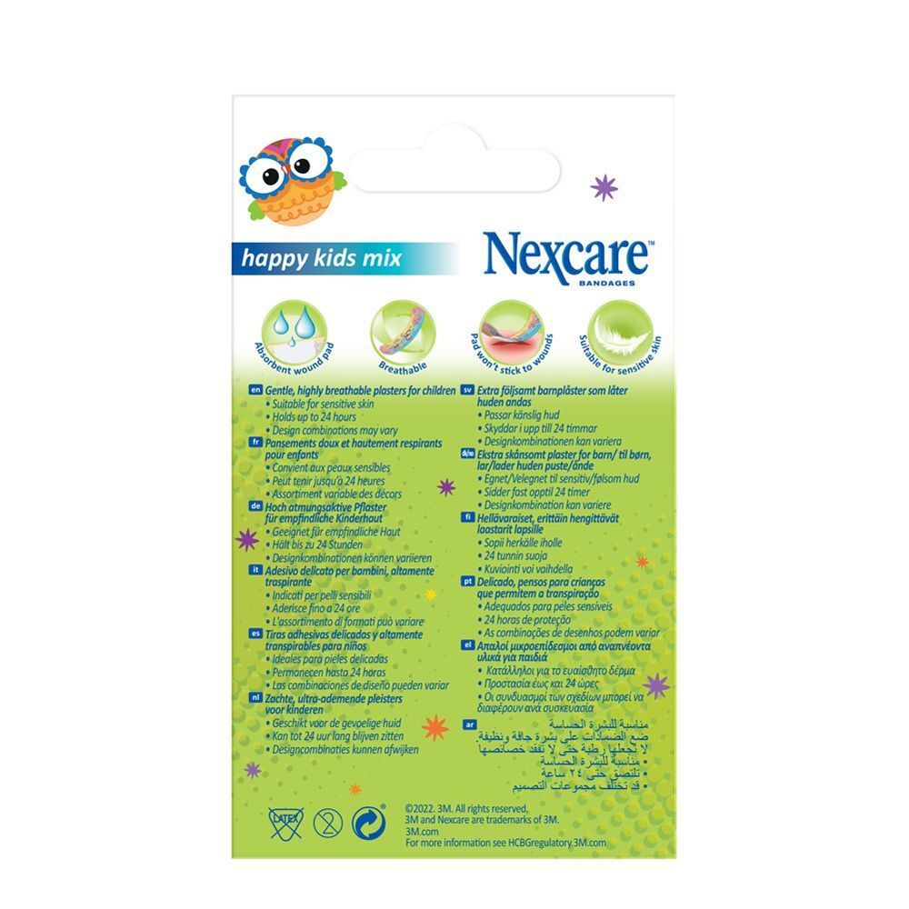 Dos de la boîte de pansements Nexcare Happy Kids Mix. Texte en plusieurs langues. Contient des informations sur les pansements.