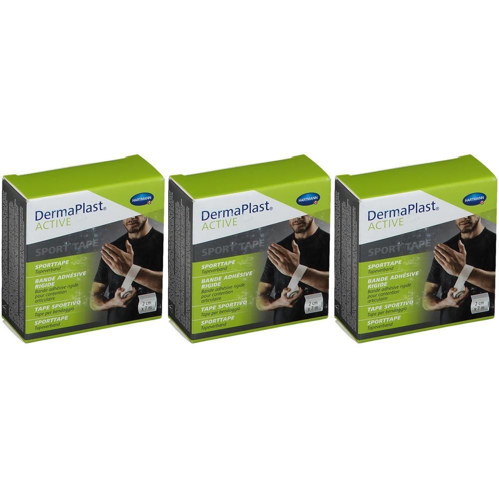 Trois boîtes de Dermaplast Active Sport Tape. Emballage vert et blanc avec nom du produit et image d'une main bandée.