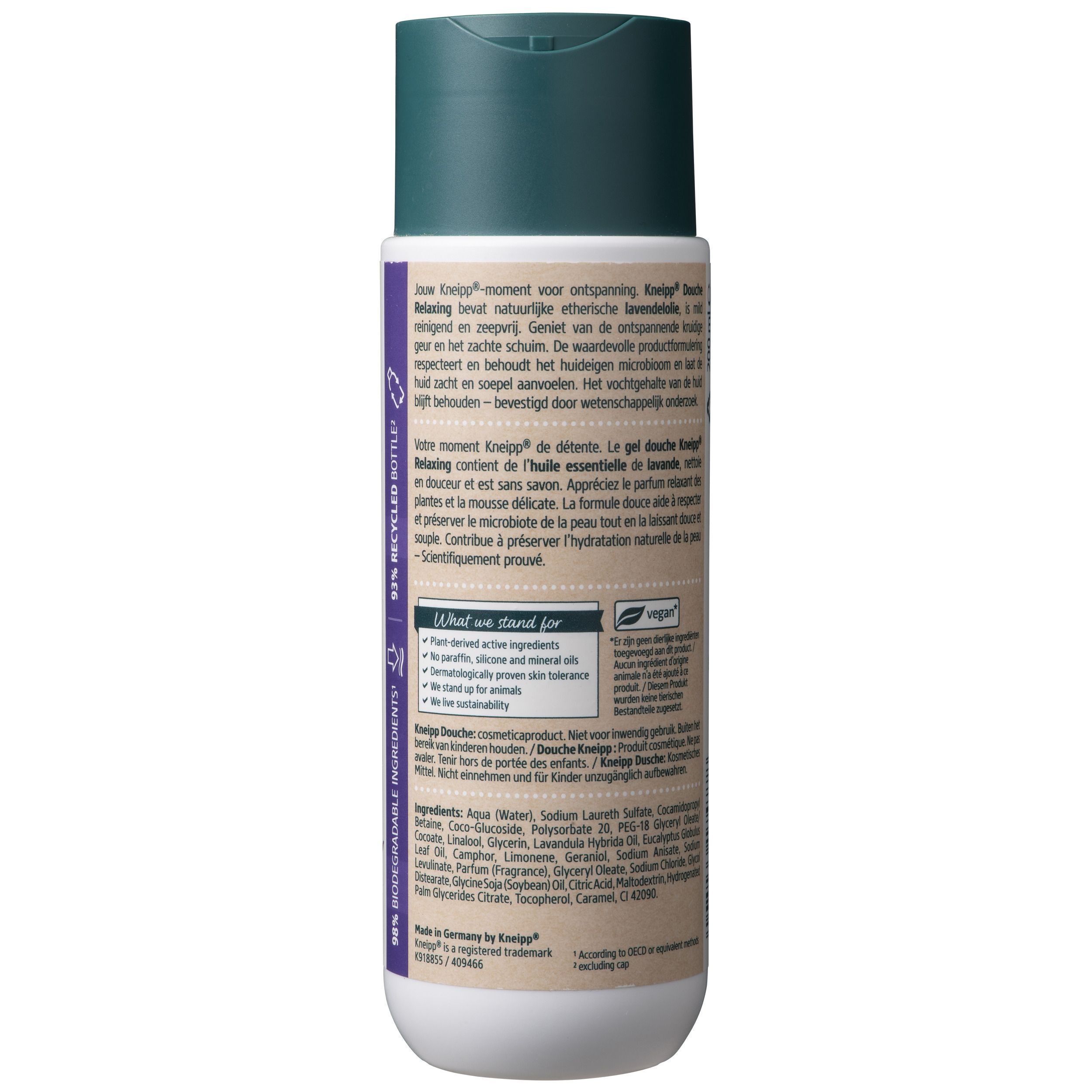Dos d'un flacon Kneipp Douche Relaxing. Texte avec ingrédients, informations sur la durabilité et certifications.