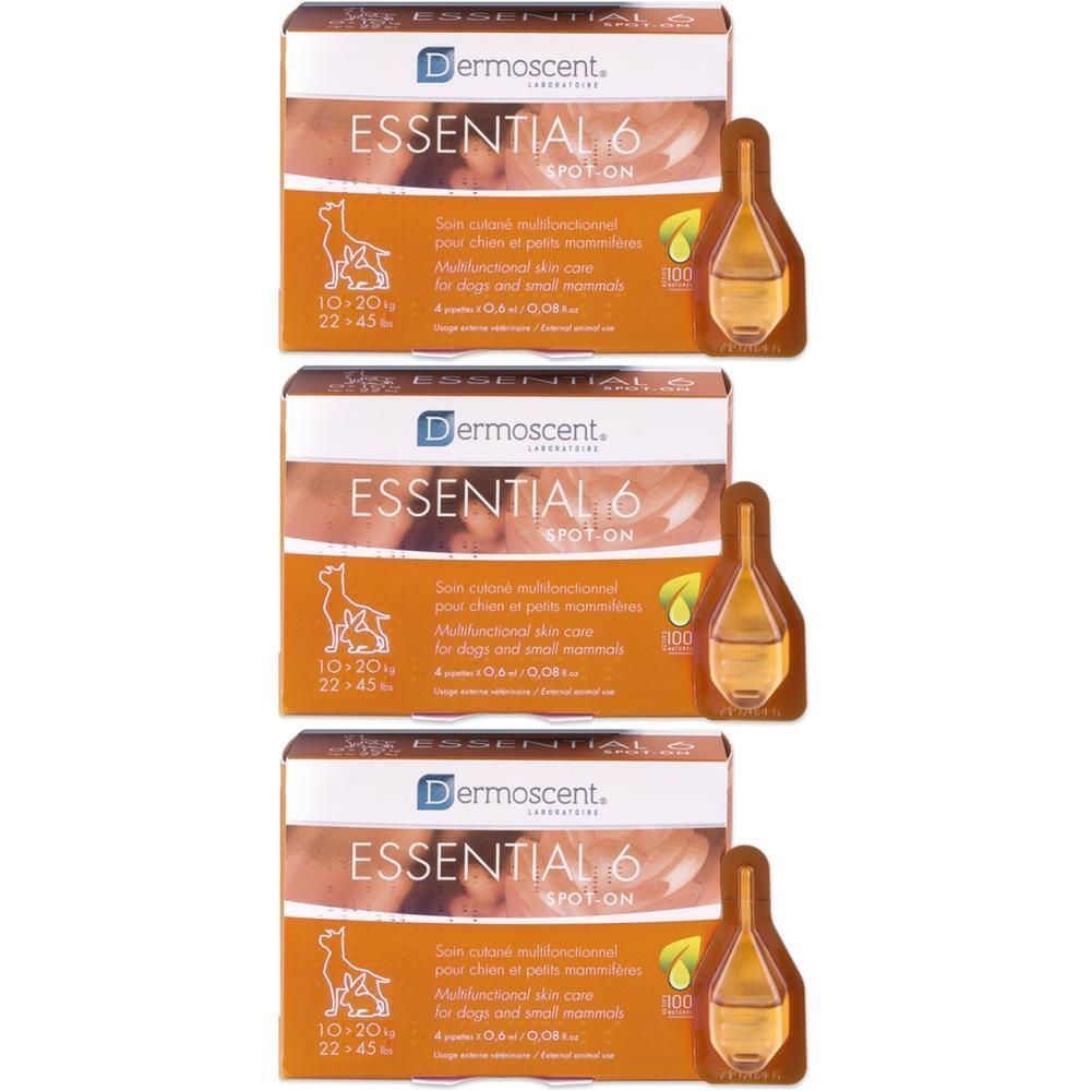 Meerdere verpakkingen van spot-on product. Opschrift: Essential 6 Spot-On. Bevat ampullen met vloeistof.