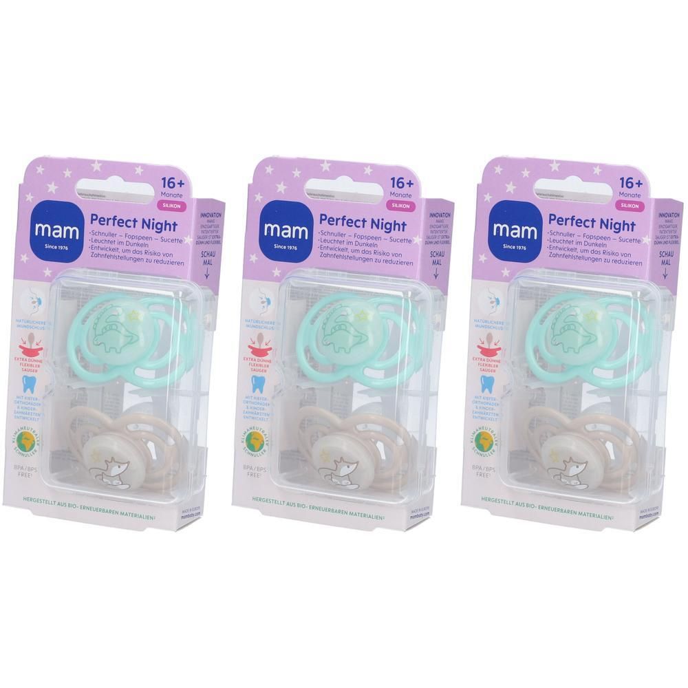 Trois tétines MAM Perfect Night emballées. Tétine menthe, sucette marron. Emballage avec logo et nom du produit.