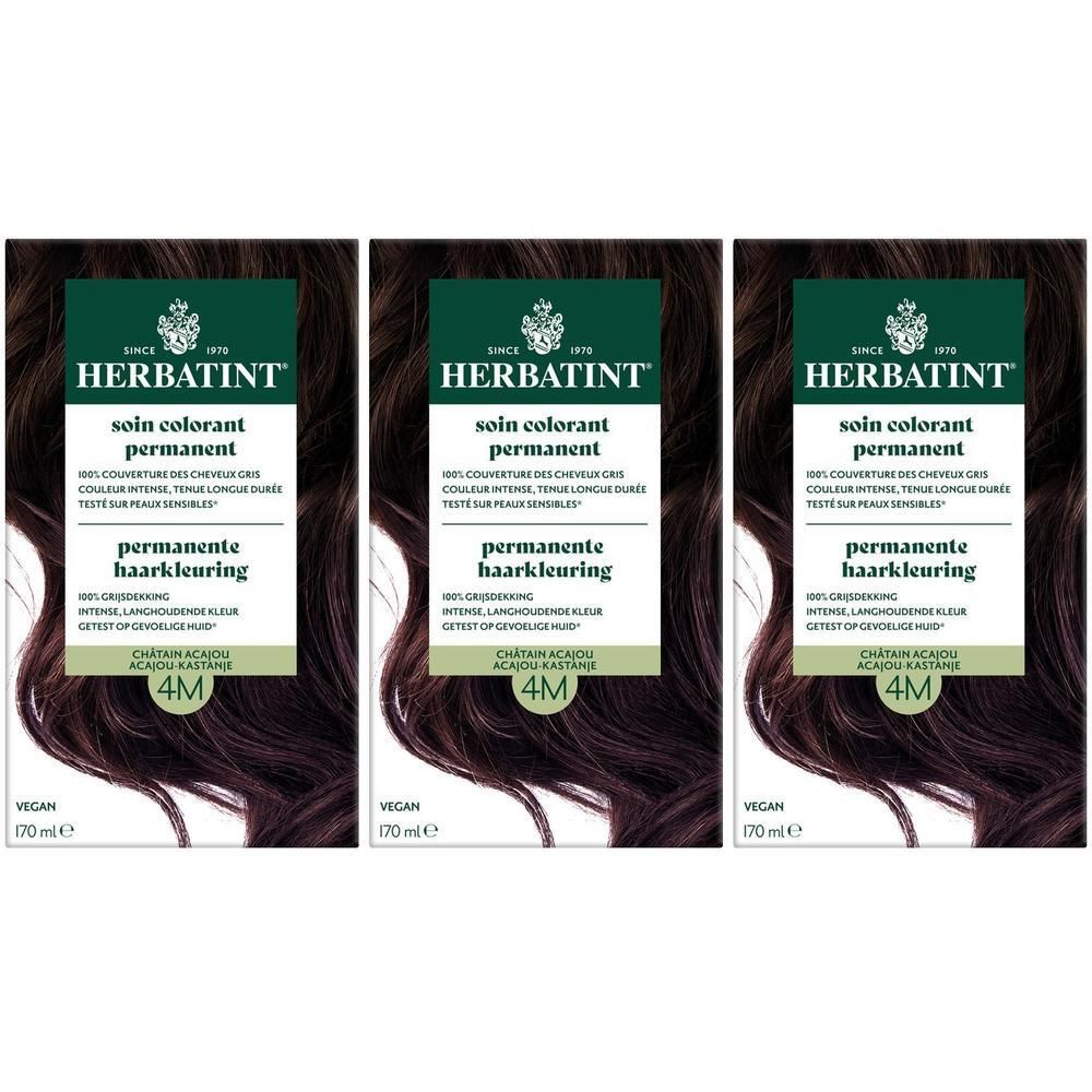 Trois boîtes de Herbatint 4M, coloration permanente, Châtain Acajou. Vegan. 120 ml.