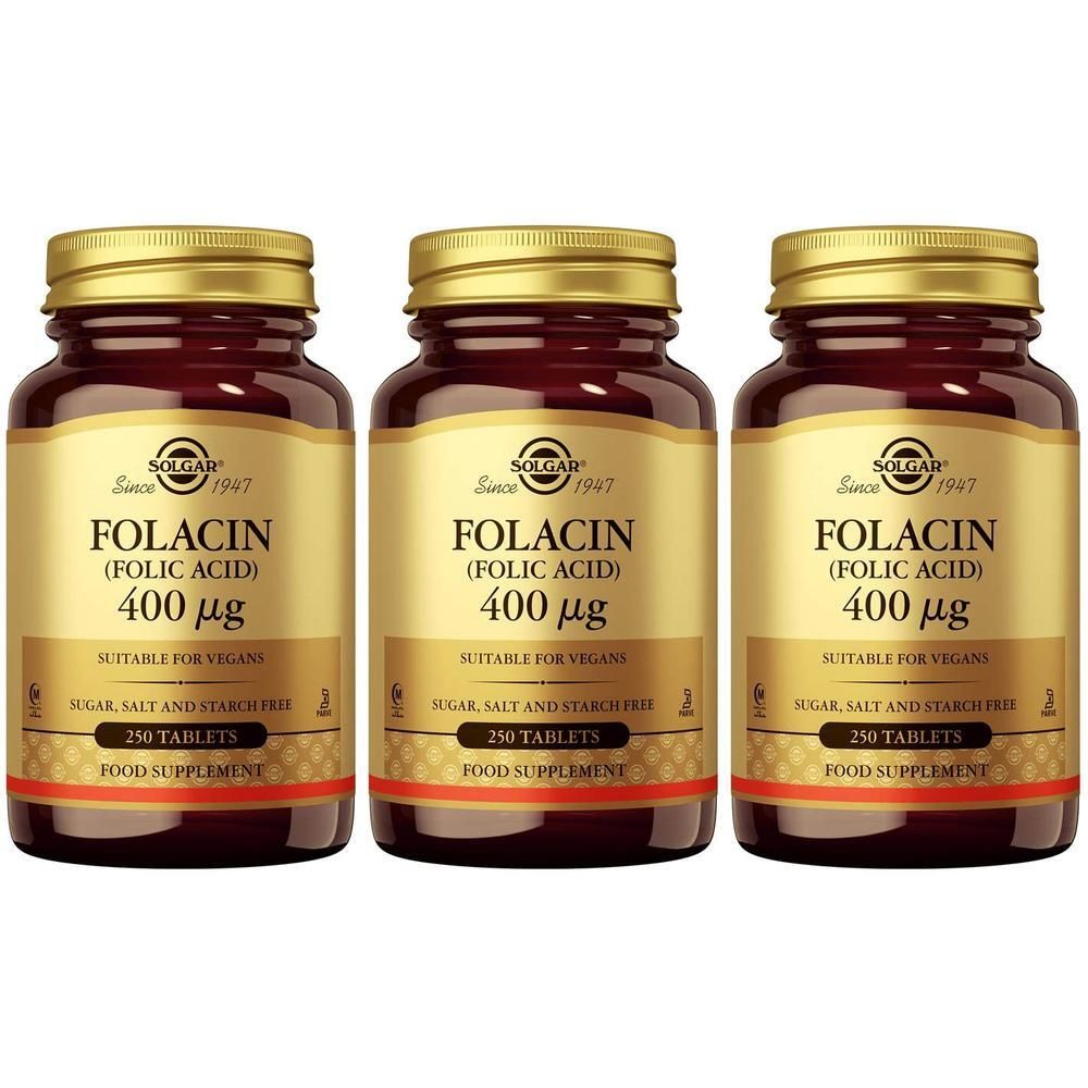 Trois flacons de Solgar Folacin (acide folique) 400 mcg. Flacons en verre brun avec bouchons et étiquettes dorés. 250 comprimés.