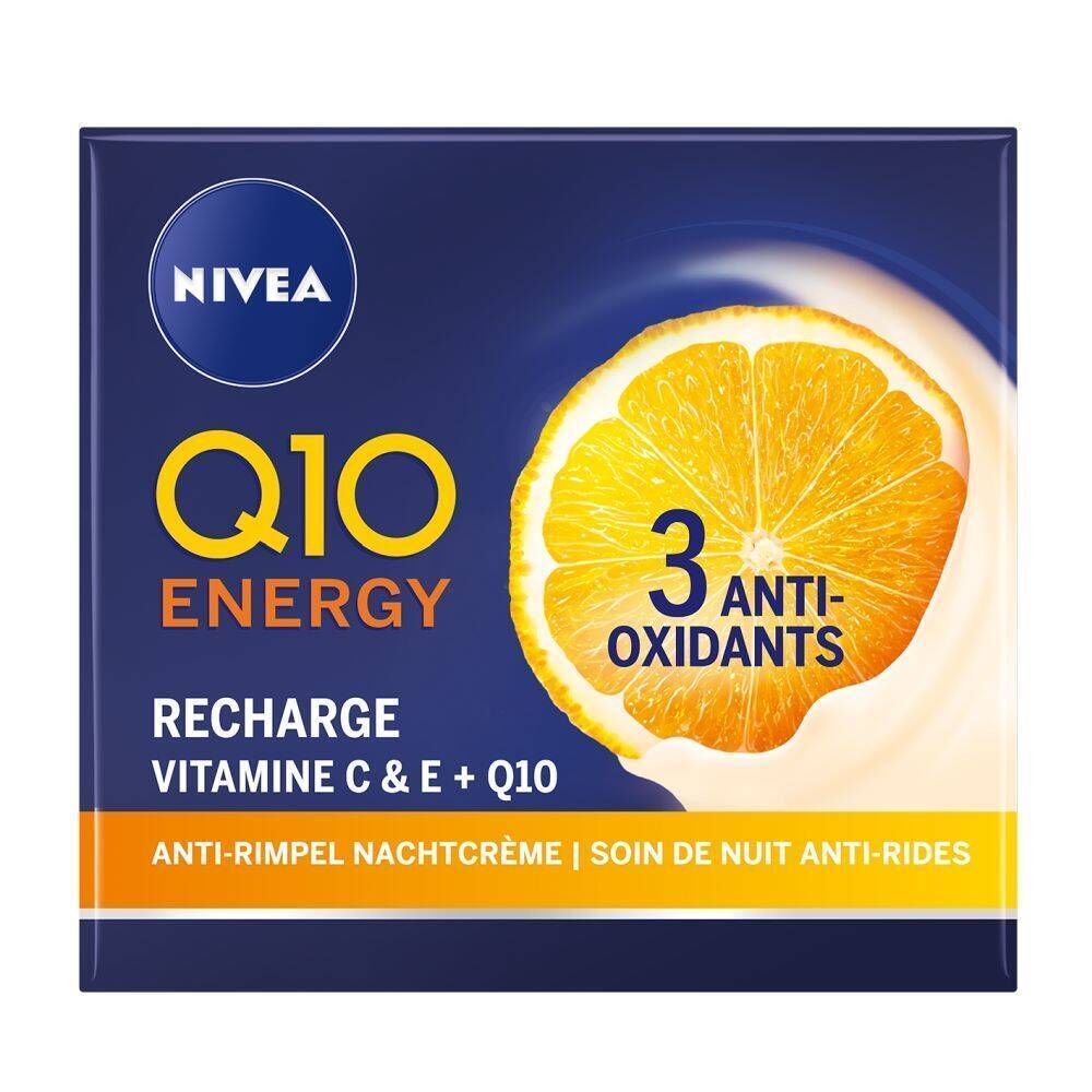 Emballage Nivea Q10 Energy. Image d'une orange avec texte: 3 antioxydants.