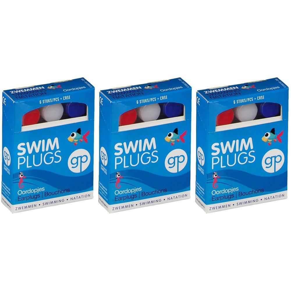 Trois boîtes bleues de bouchons d'oreille pour la natation. Inscription SWIM PLUGS, logo gp, 6 pièces chacune. Bouchons rouge, blanc et bleu visibles.
