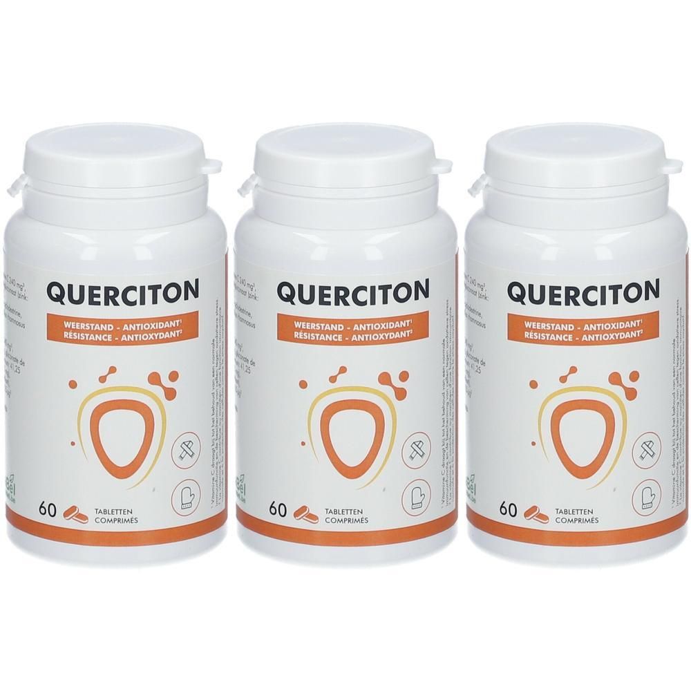 Drie witte tablettenflessen met de tekst QUERCITON. Op elke fles staat "WEERSTAND - ANTIOXIDANT RESISTANCE - ANTIOXYDANT".