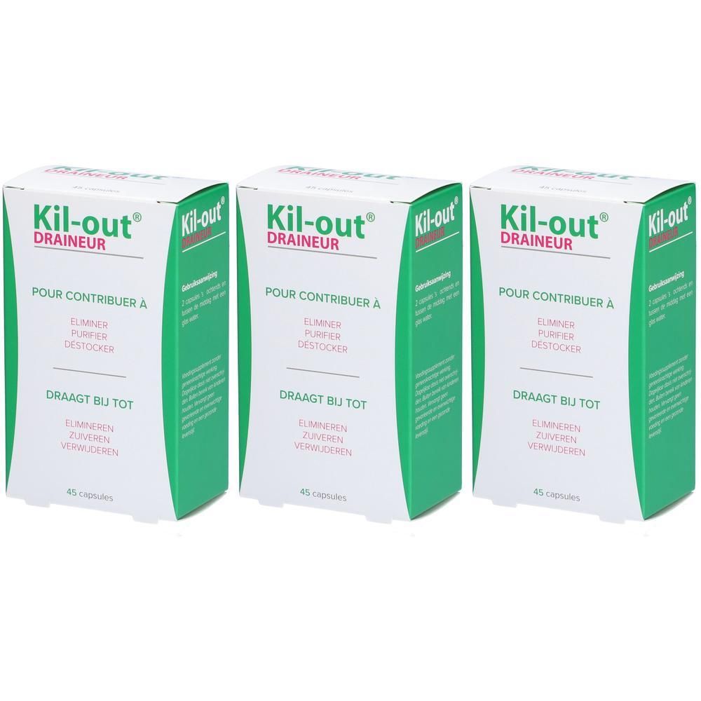 Trois boîtes Kil-out® Draineur. Emballage vert et blanc avec texte multilingue.