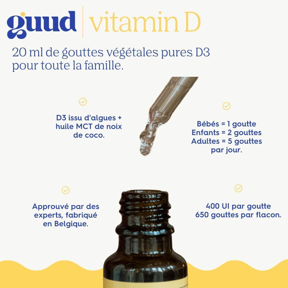Produit Guud vitamine D avec texte. Contient des informations sur les ingrédients, le dosage et l'origine.
