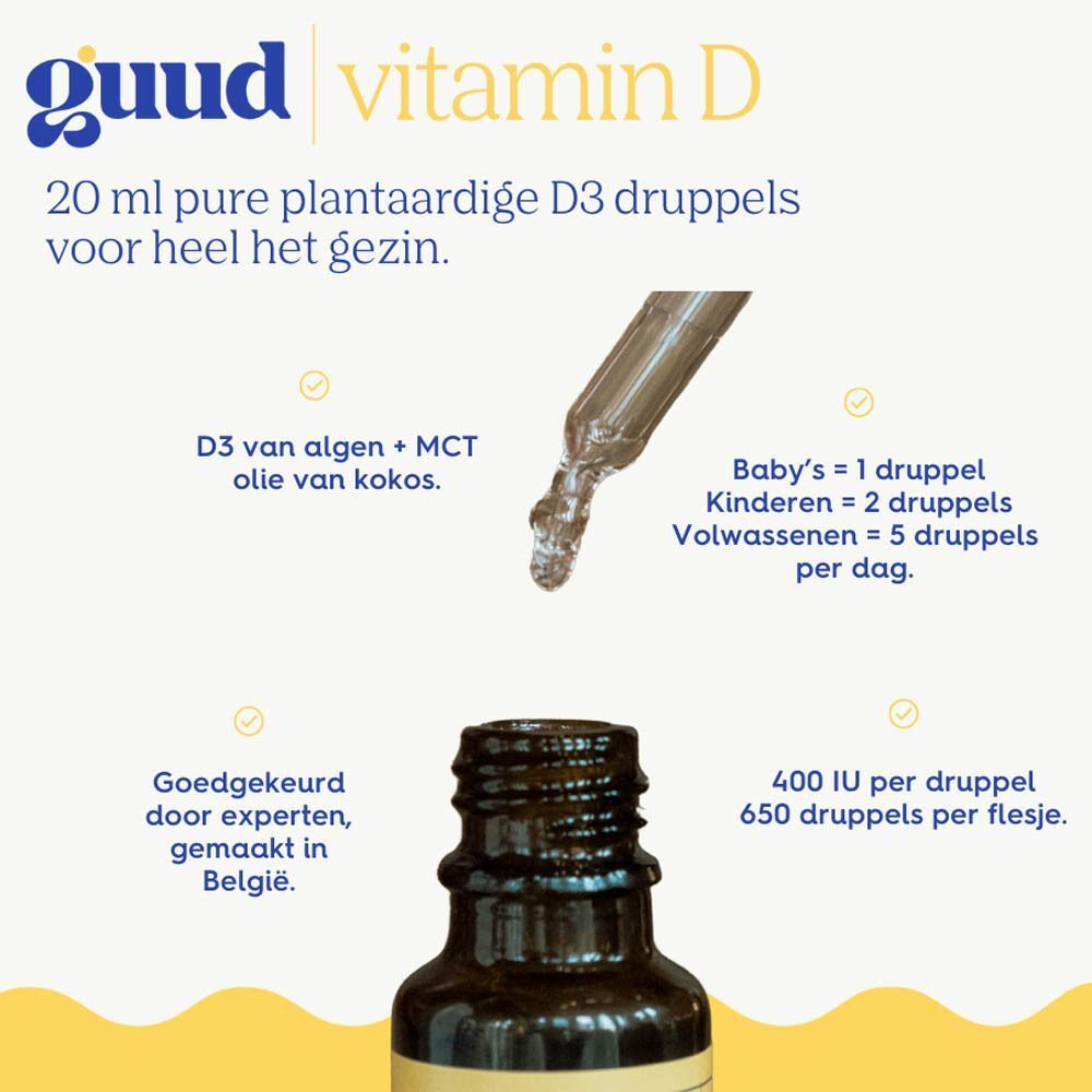 Guud vitamine D-product met tekst. Bevat informatie over ingrediënten, dosering en herkomst.