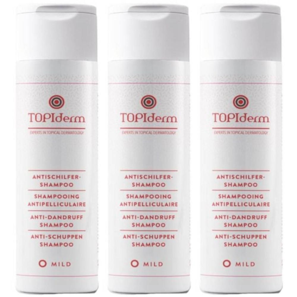 Drie witte flessen Topiderm Shampooing Antipelliculaire Doux. Opschrift: Antischilfer-Shampoo, Anti-Schuppen Shampoo, Mild.