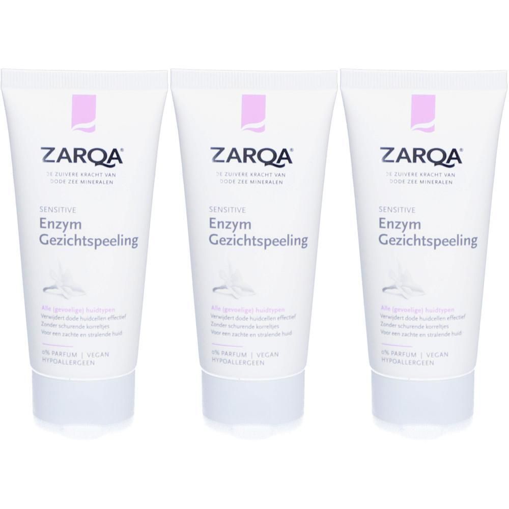 Trois tubes blancs. Chaque tube porte le nom de la marque ZARQA et le nom du produit Enzym Gezichtspeeling.