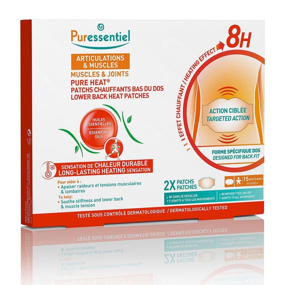 Boîte de patchs chauffants Puressentiel Articulations & Muscles. Contient 2 patchs. Texte: Pure Heat, 8H, testé dermatologiquement.