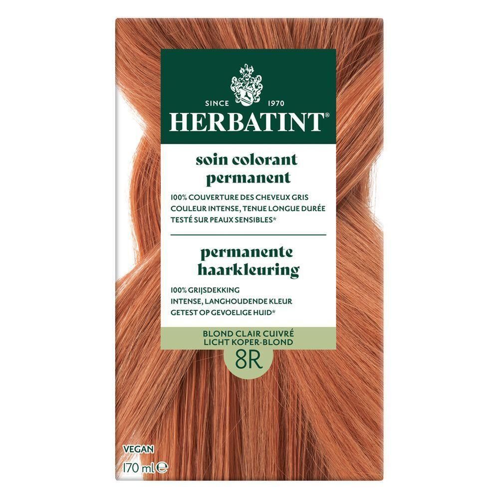 Herbatint 8R Licht Koperblond permanente haarkleuring. Verpakking met productafbeelding en tekst. Vegan logo.