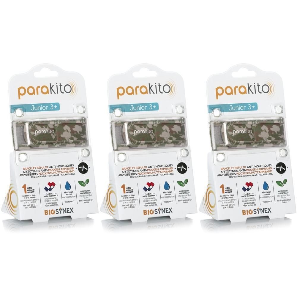 Drie verpakkingen met armbanden. Elke verpakking toont een camouflage armband en de merknaam ParaKito Junior 3+. BIOSYNEX logo.