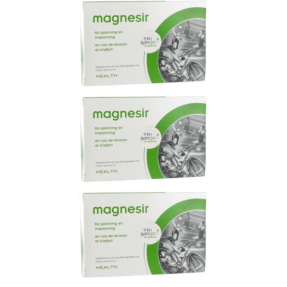 Drie witte dozen met groene accenten. Opschrift 'magnesir' en 'TRI SPORT'. Tekst in het Nederlands en Frans.