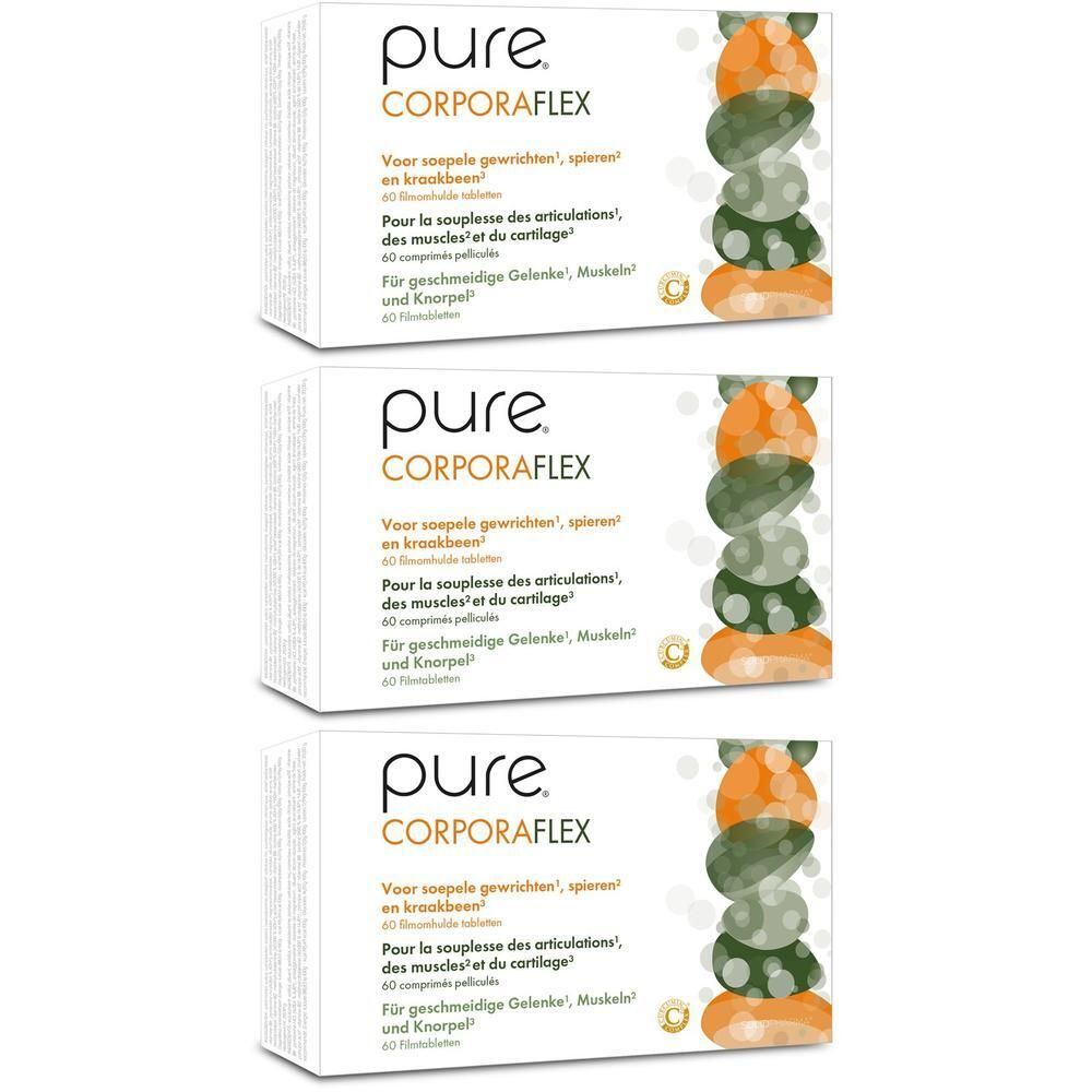 Trois boîtes de Pure Corporaflex. Inscriptions en allemand, français et néerlandais. 60 comprimés pelliculés.