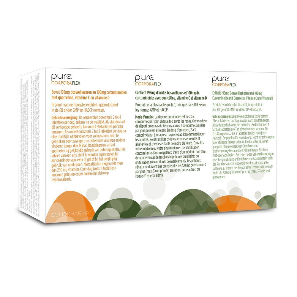 Dos de trois boîtes Pure Corporaflex. Texte en allemand, français et néerlandais. Informations sur le contenu.