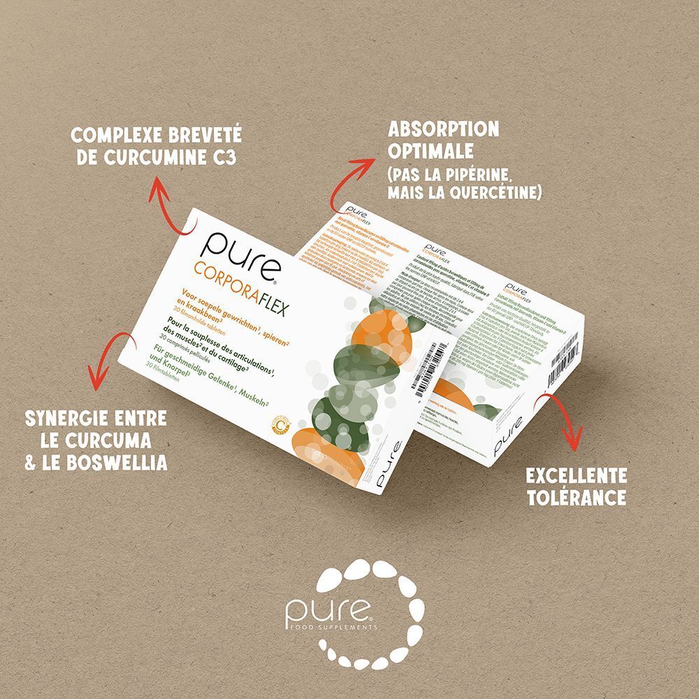 Deux boîtes Pure Corporaflex. Flèches pointant vers le texte : 'Complexe breveté de curcumine C3' et 'Synergie entre le curcuma & le boswellia'.