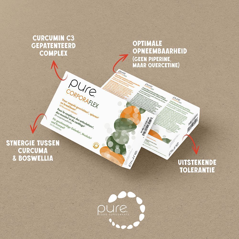 Twee Pure Corporaflex dozen. Pijlen wijzen naar tekst: 'Curcumin C3 gepatenteerd complex' en 'Synergie tussen curcuma & boswellia'.