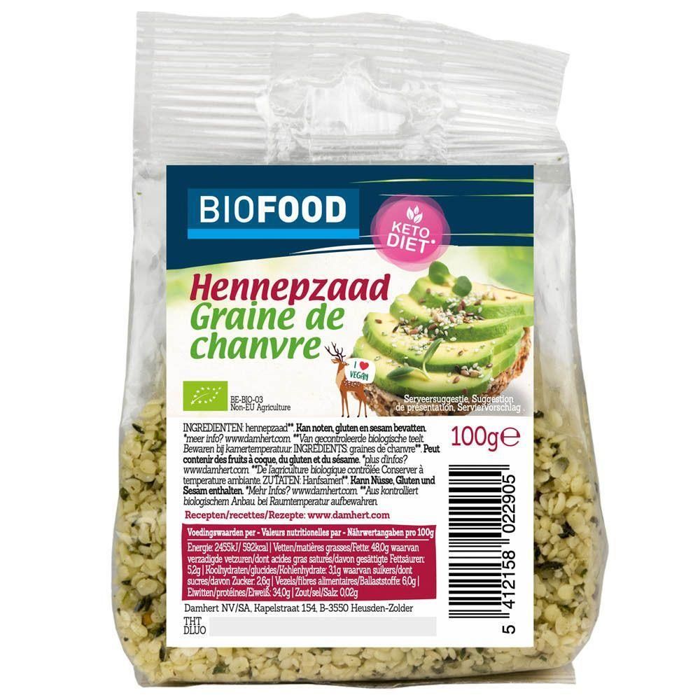 Transparante verpakking met Biofood hennepzaad. Opschriften: Keto Diet, Hennepzaad Graine de chanvre, 100g, bio-label. Illustratie: avocado toast.